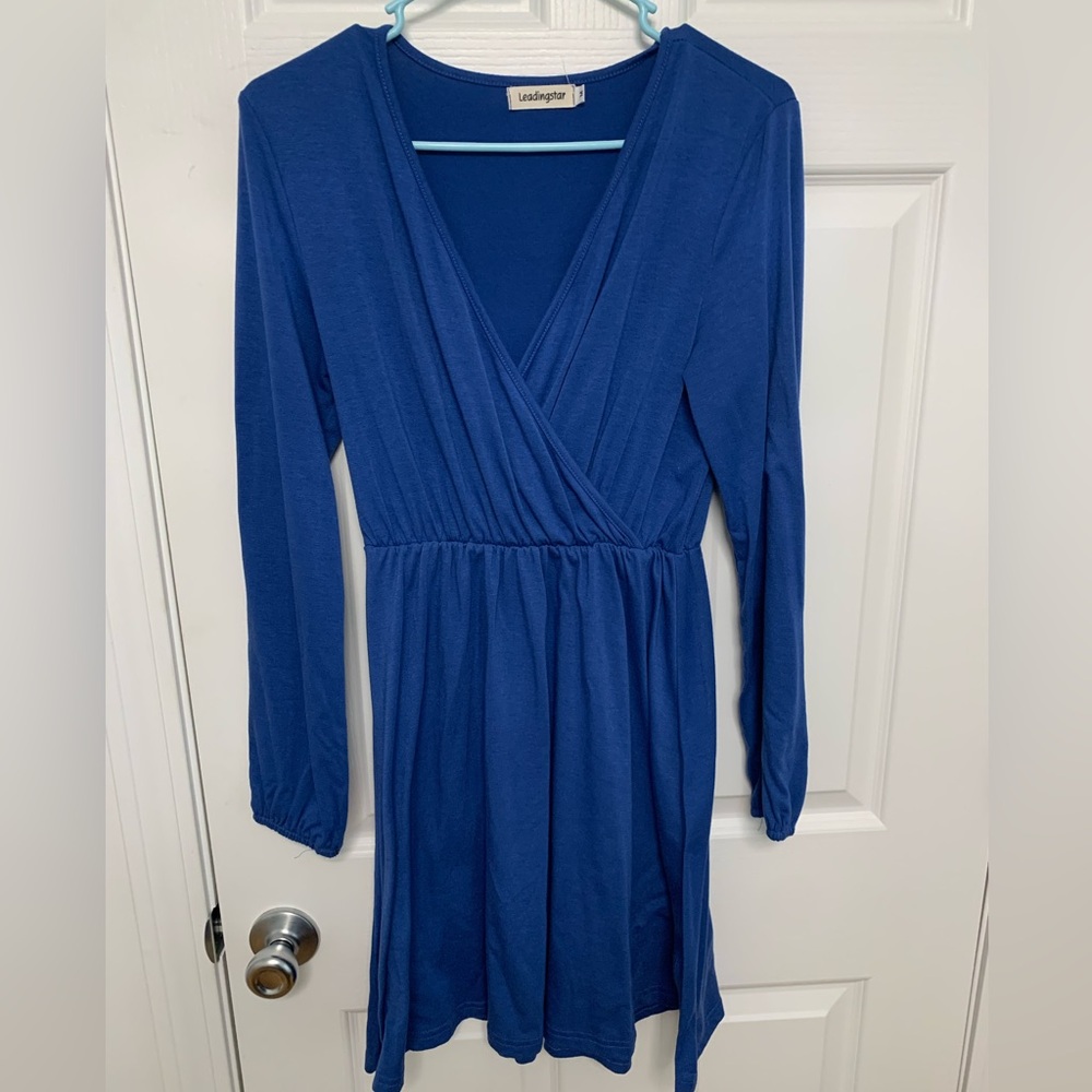 Leading Star blue v neck dress. Size medium
